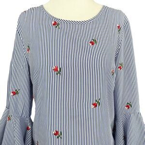 Kontrol Contemporary Blue White Striped Flare Sleeve Rose Embroidered Blouse Top